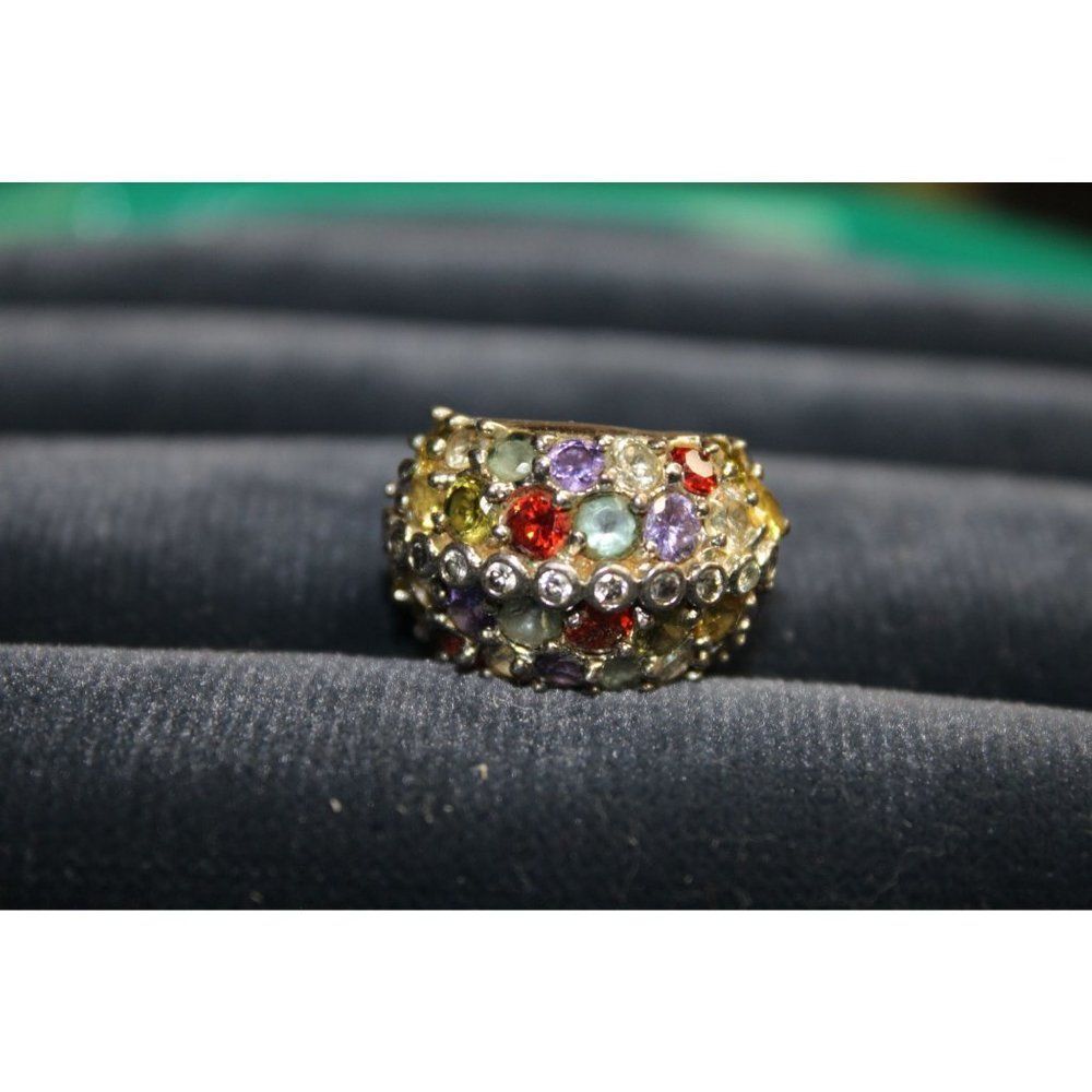 Multiple Color Rhinestone Silver Band Fashion Costume Ring Size 6